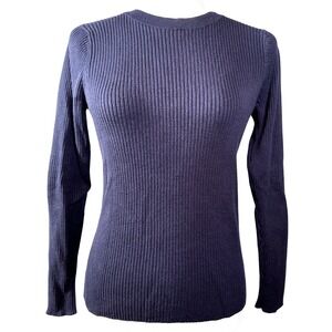 1901 Navy Ribbed‎ Crew Neck Long Sleeve Sweater Top  L Cotton Blend Casual Comfy